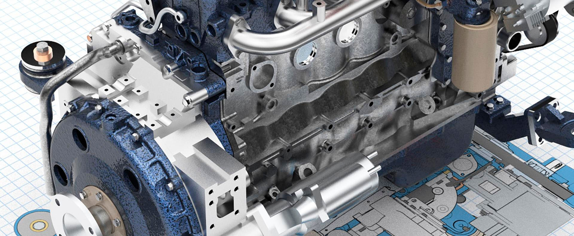 Rappresentazione 3D di un motore industriale, evidenziandone i dettagli tecnici