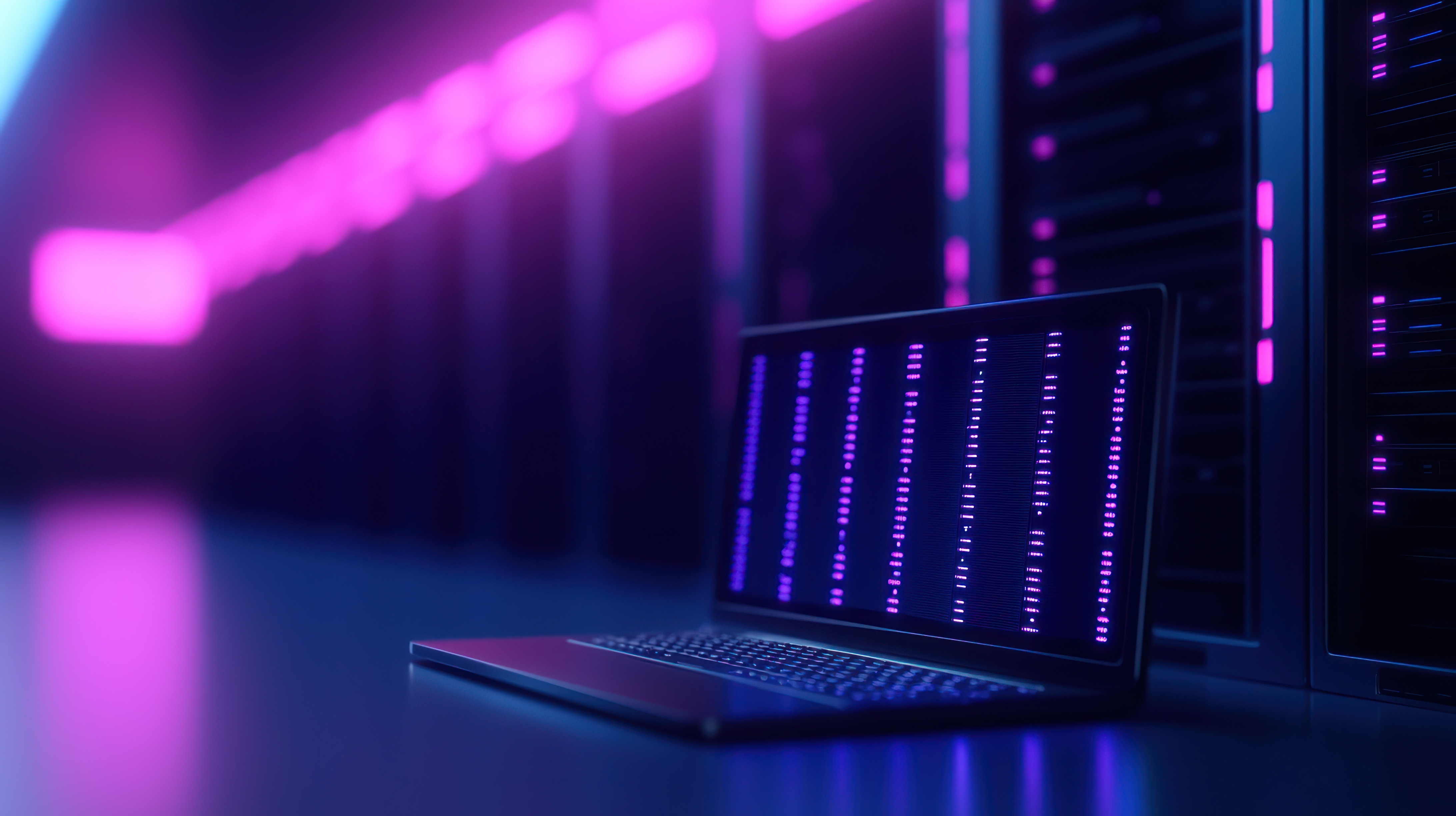 Laptop utilizzato per attività di cybersecurity davanti a rack di server in un data center, simbolo di analisi delle minacce informatiche e infrastrutture IT.