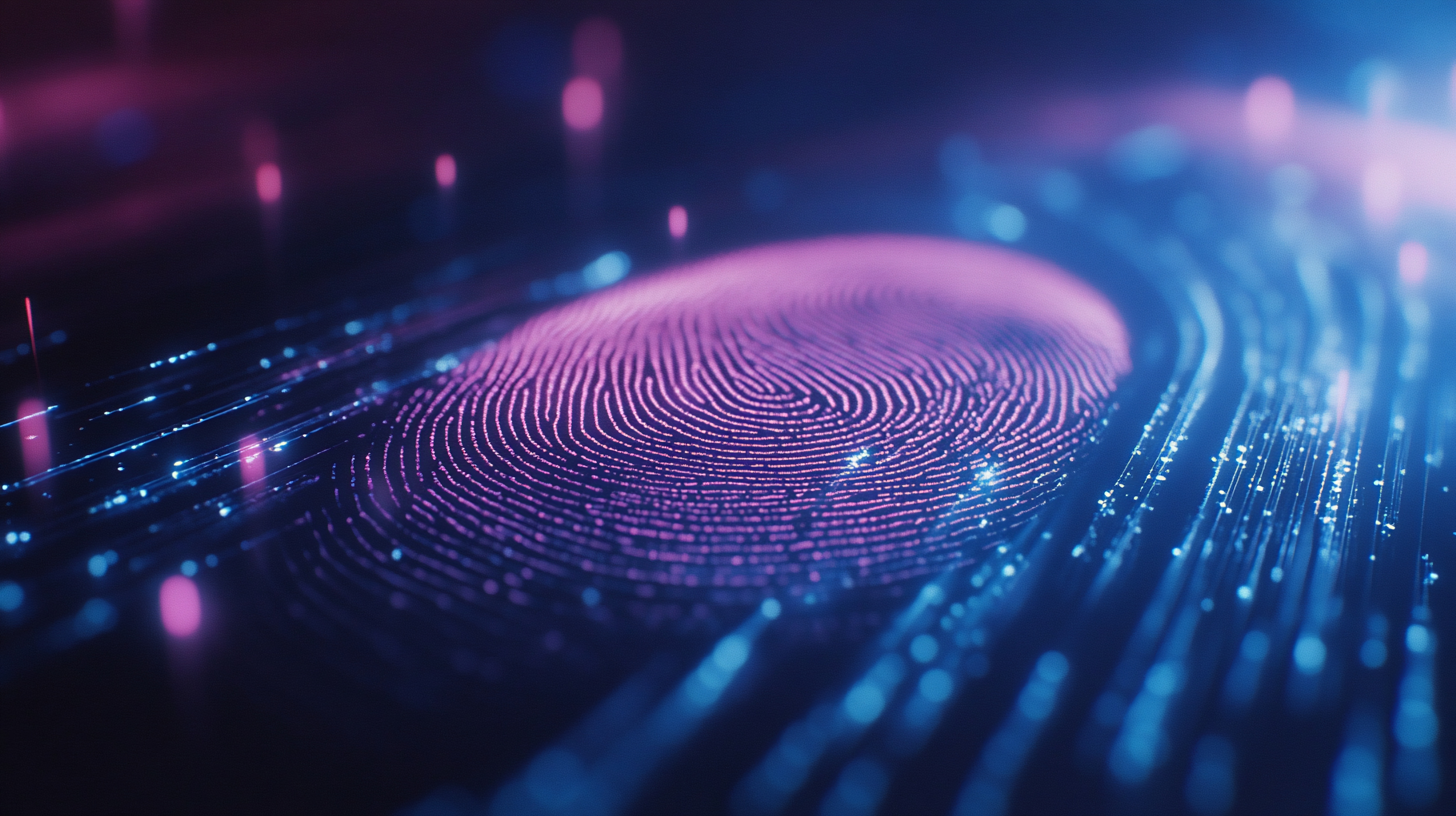 Impronta digitale viola illuminata su flussi di dati blu, a rappresentare identità, accessi e permessi sui dati aziendali.