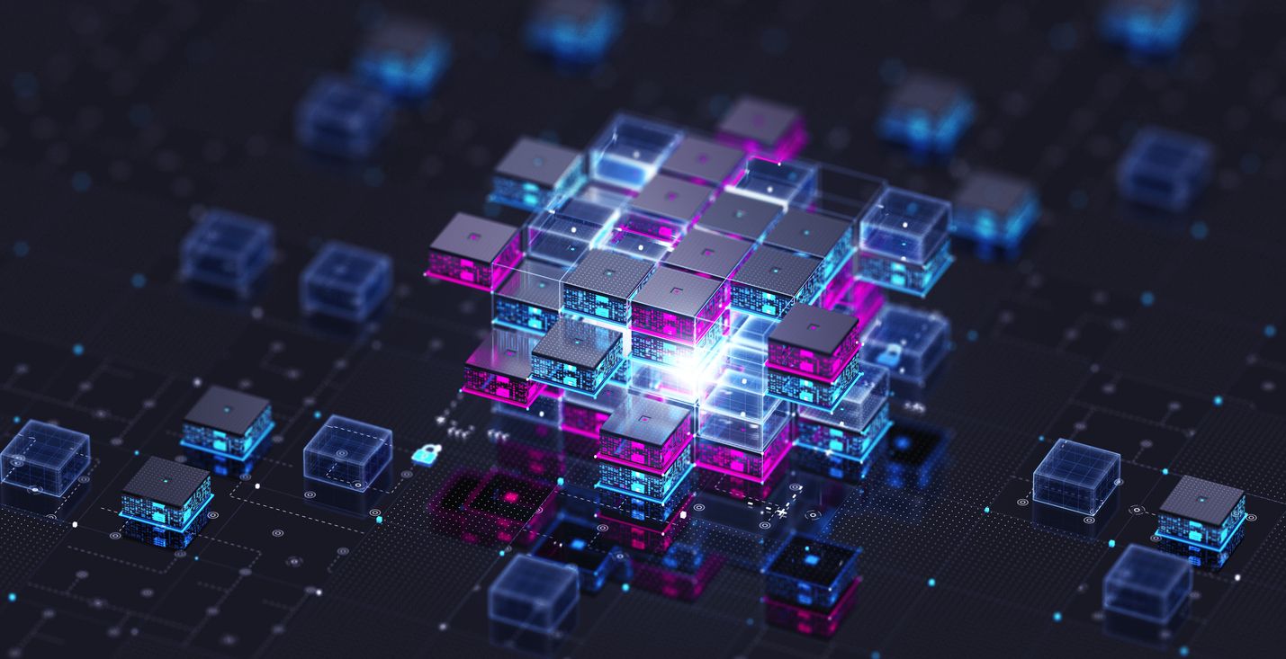 Blocchi di dati luminosi blu e magenta raccolti in un cubo centrale, simbolo di dati sensibili individuati e classificati.