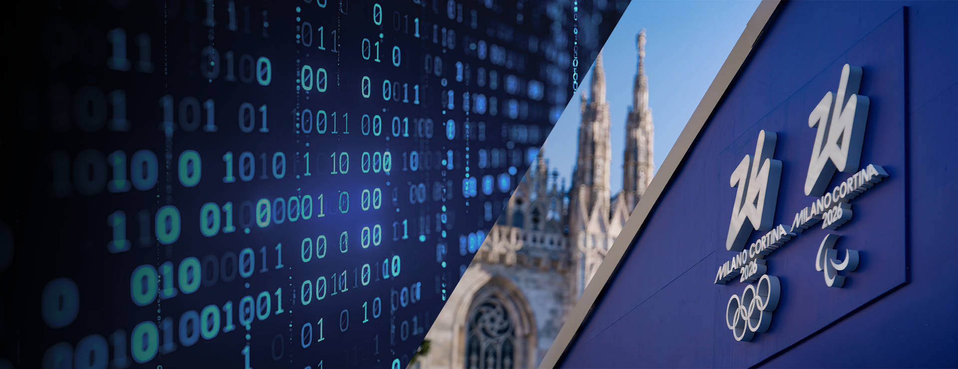 Visual representing cyber threats related to the Milan–Cortina 2026 Olympics, with reference to potential DDoS attacks against Italian institutional websites.