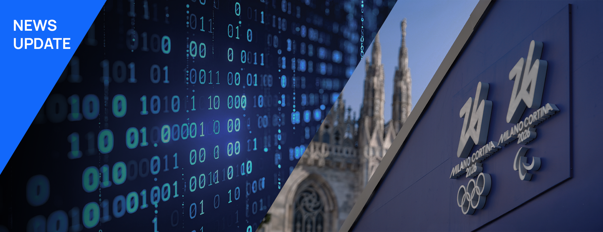 Graphic composition featuring the Milano-Cortina 2026 Winter Olympics logo in the foreground, the Milan Cathedral (Duomo) in the background, and a cyber-themed overlay with binary code symbolizing cyber threats.