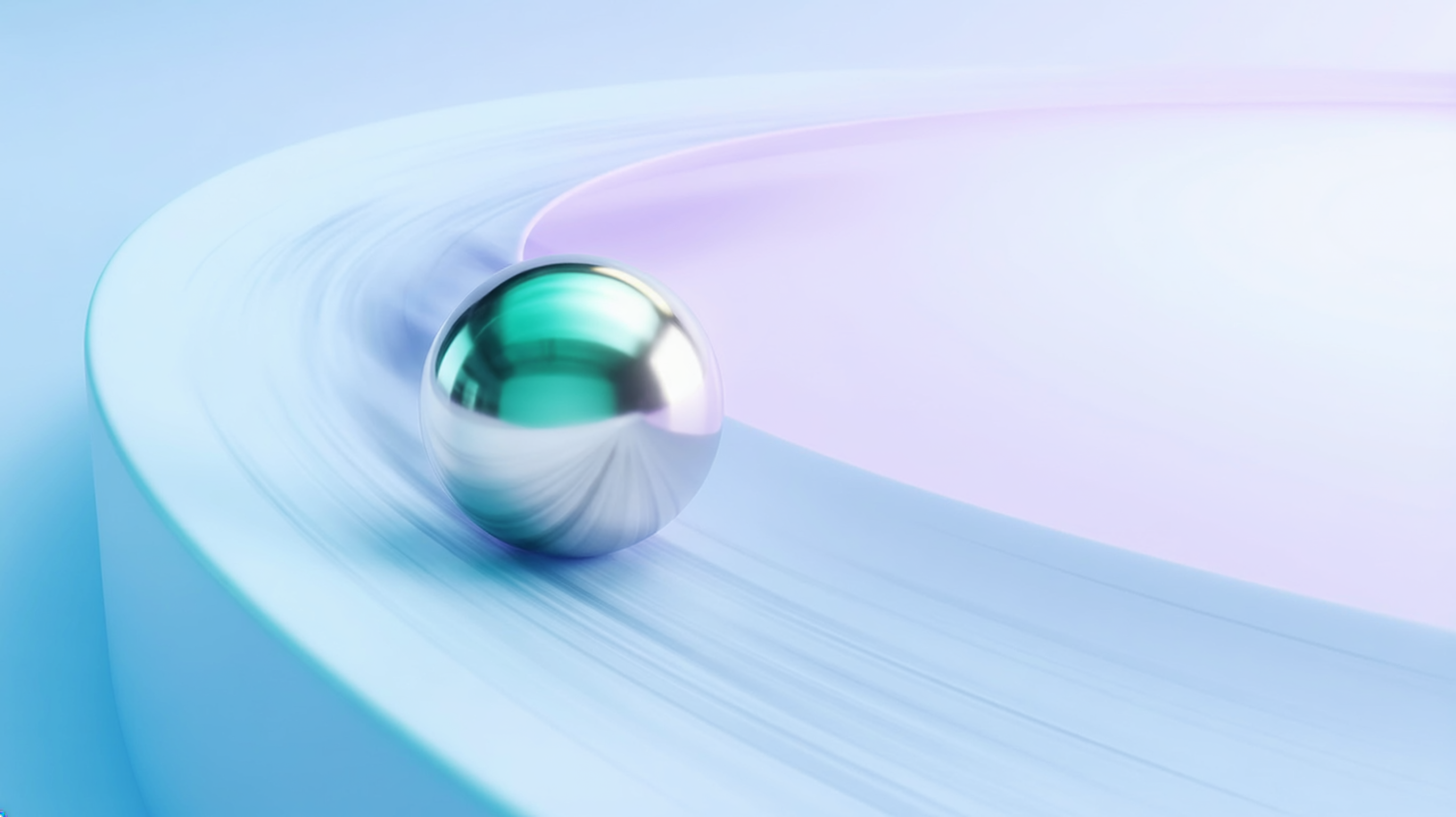 Metallic sphere with green reflections speeding along a curved surface in light blue and lilac tones, with motion trails