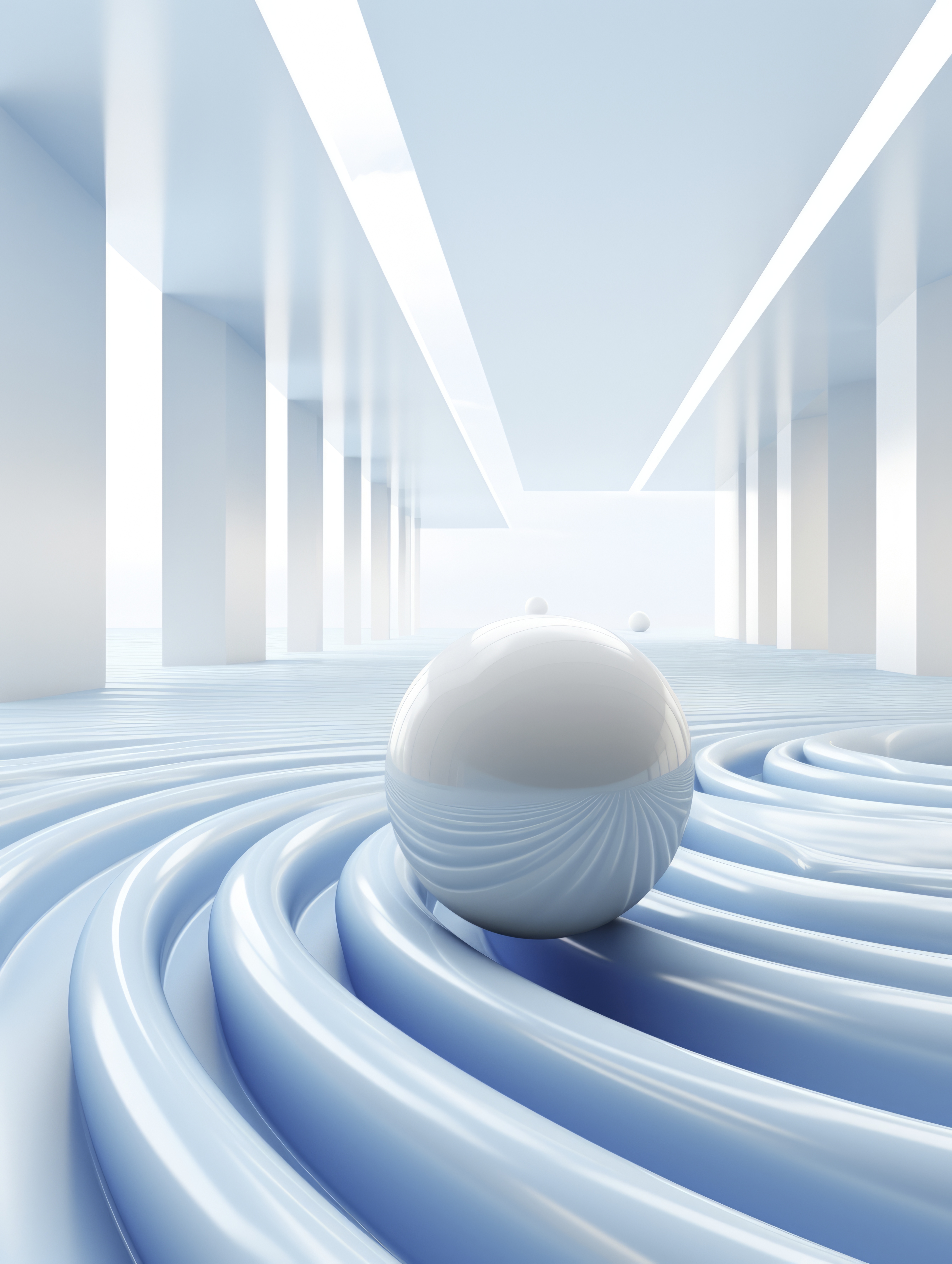 Glossy white sphere at the centre of concentric light blue waves, in a bright architectural space lined with white columns
