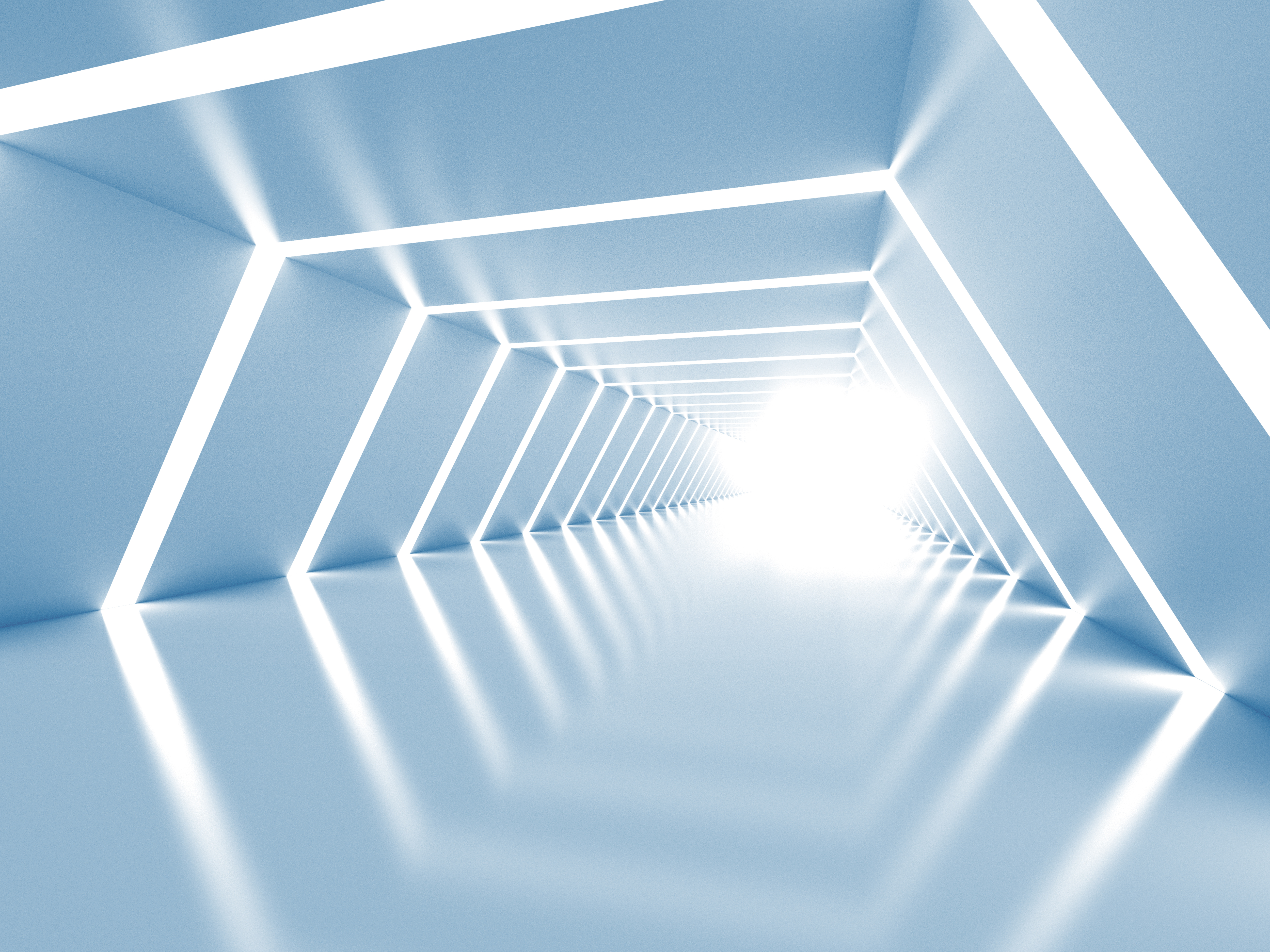 Abstract architectural tunnel in light blue tones, with glowing frames leading towards an intense white light at the end