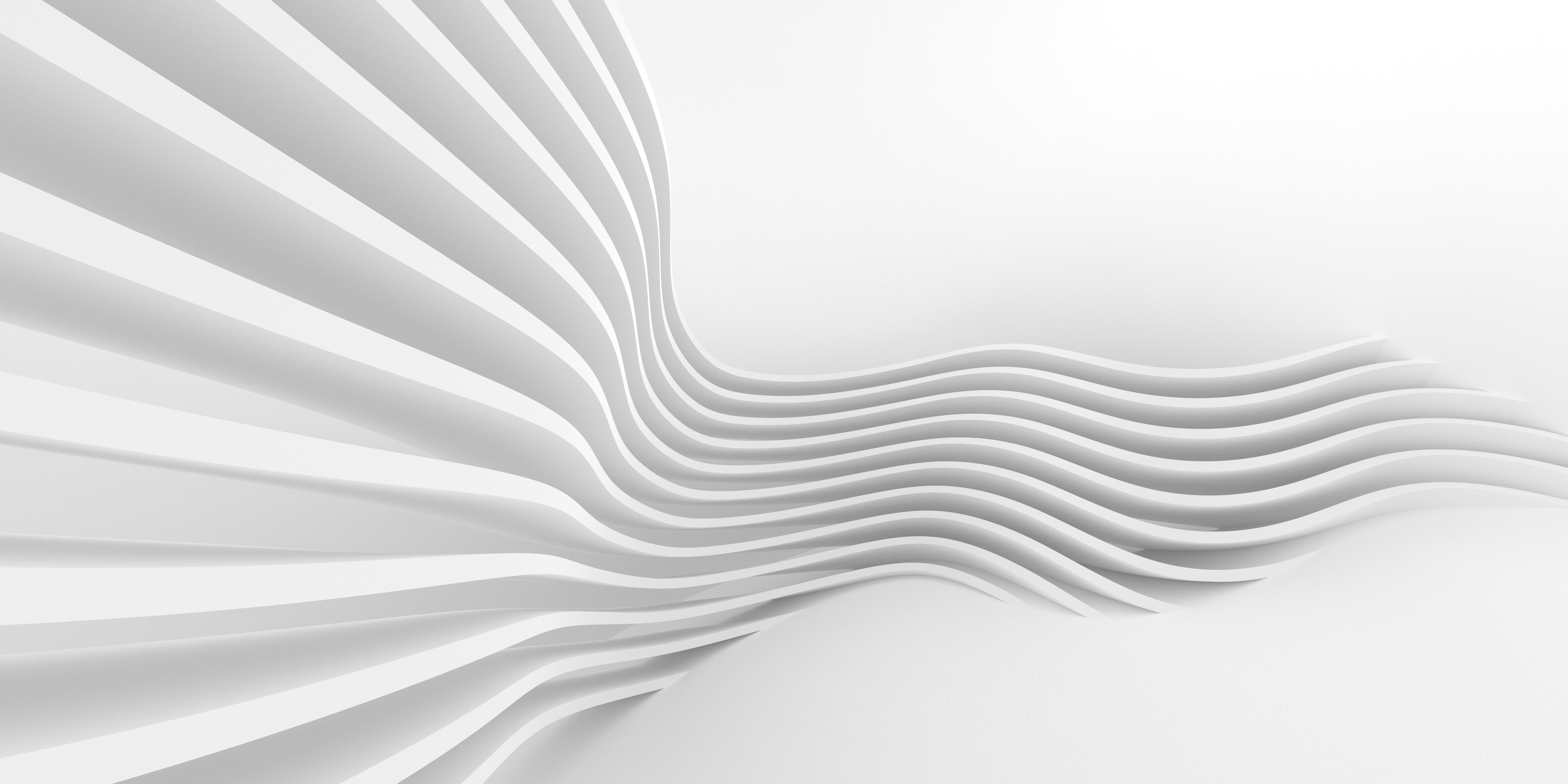 Abstract composition of overlapping white bands curving into soft waves, on a white and light grey background